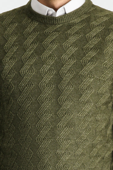 Orta Haki Bisiklet Yaka Slim Fit Dar Kesim Desenli Triko Kazak