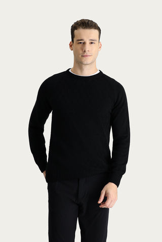 Siyah Bisiklet Yaka Regular Fit Desenli Triko Kazak