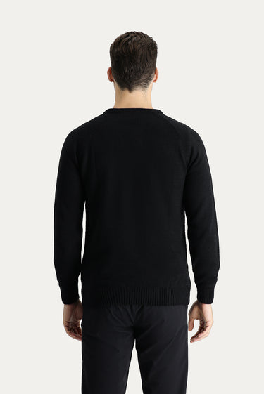 Siyah Bisiklet Yaka Regular Fit Desenli Triko Kazak