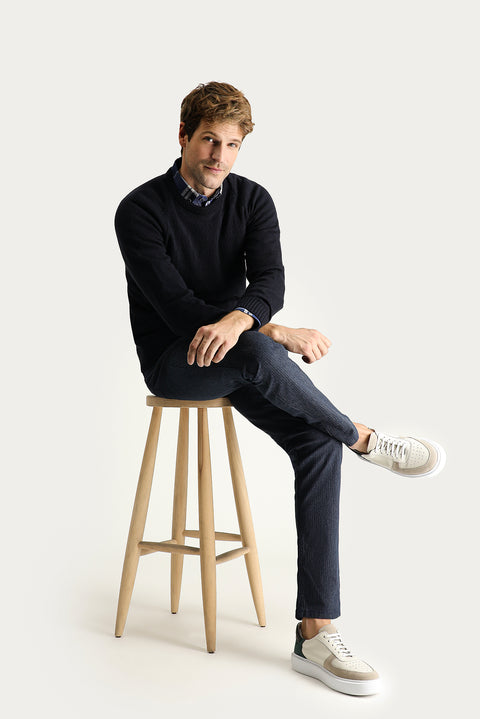 Dark Navy Crew Neck Regular Fit Patterned Knit Sweater