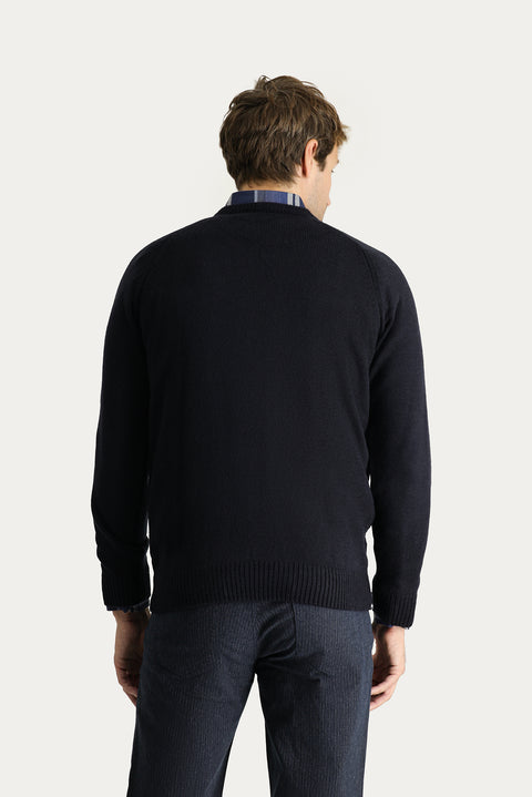 Dark Navy Crew Neck Regular Fit Patterned Knit Sweater