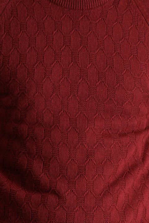 Koyu Bordo Bisiklet Yaka Regular Fit Desenli Triko Kazak