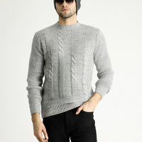 Açık Gri Melanj Bisiklet Yaka Slim Fit Desenli Triko Kazak
