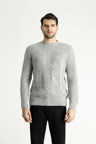Açık Gri Melanj Bisiklet Yaka Slim Fit Desenli Triko Kazak