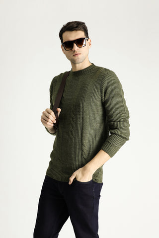 Açık Haki Bisiklet Yaka Slim Fit Desenli Triko Kazak