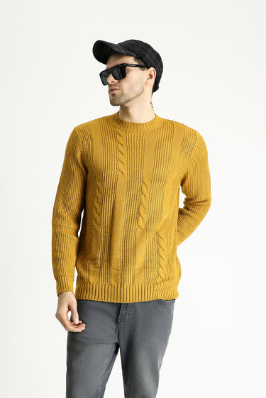 Hardal Bisiklet Yaka Slim Fit Dar Kesim Desenli Triko Kazak