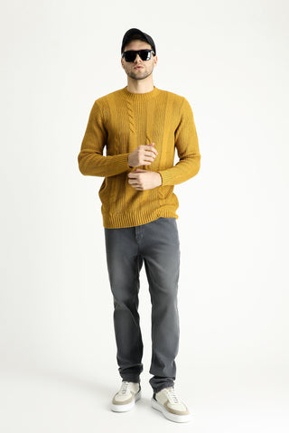 Hardal Bisiklet Yaka Slim Fit Desenli Triko Kazak