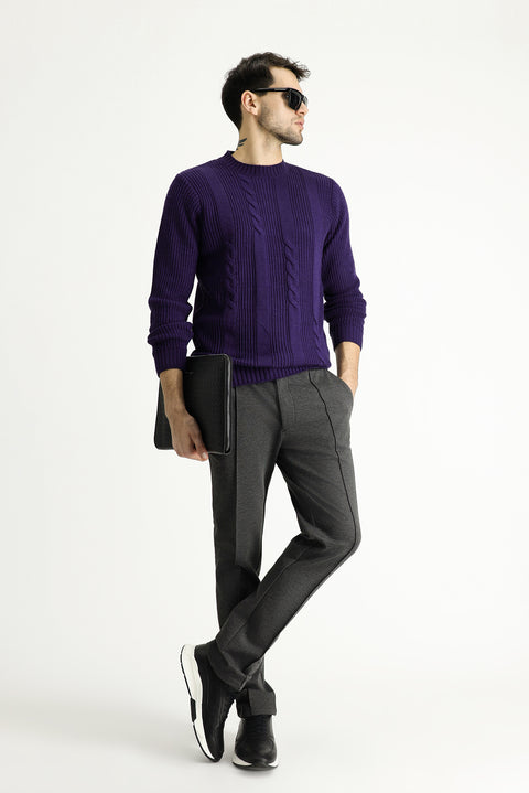 Mor Bisiklet Yaka Slim Fit Desenli Triko Kazak