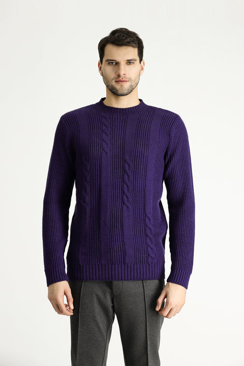 Mor Bisiklet Yaka Slim Fit Desenli Triko Kazak