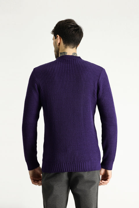 Mor Bisiklet Yaka Slim Fit Desenli Triko Kazak