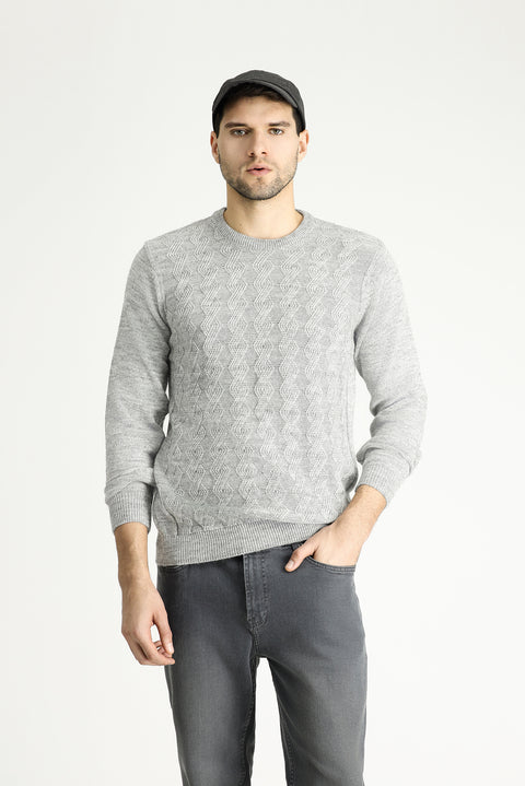 Açık Gri Melanj Bisiklet Yaka Slim Fit Dar Kesim Desenli Triko Kazak