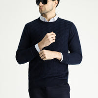 Koyu Lacivert Bisiklet Yaka Slim Fit Dar Kesim Desenli Triko Kazak