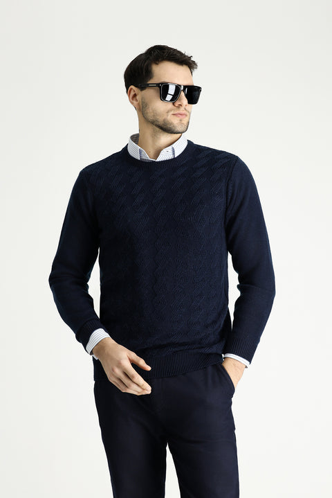 Koyu Lacivert Bisiklet Yaka Slim Fit Dar Kesim Desenli Triko Kazak