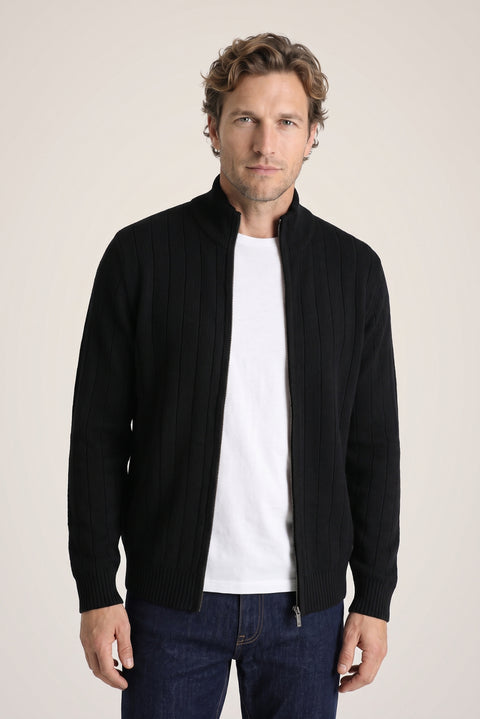 Black Stand-Up Collar Zip-Up Regular Fit Striped Knit Cardigan