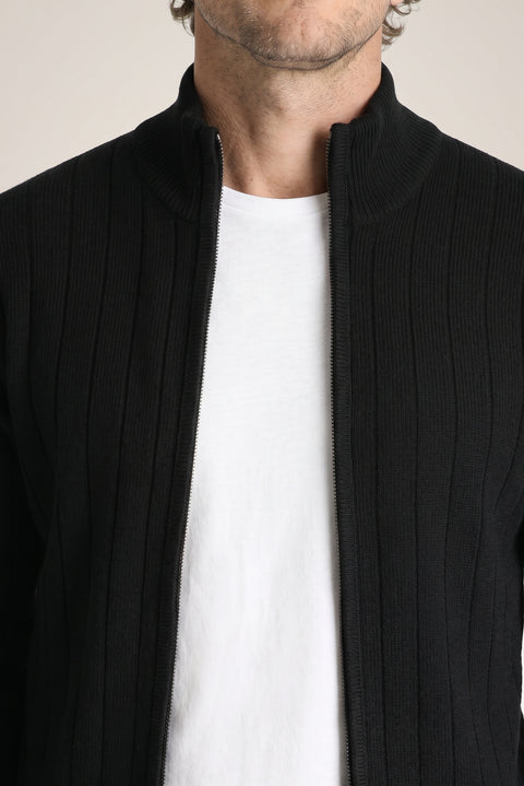 Black Stand-Up Collar Zip-Up Regular Fit Striped Knit Cardigan