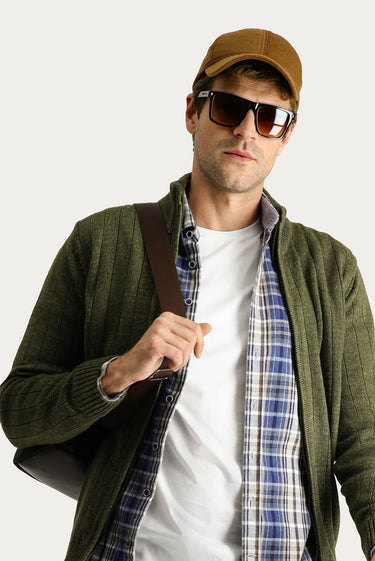 Orta Haki Fermuarlı Triko Hırka