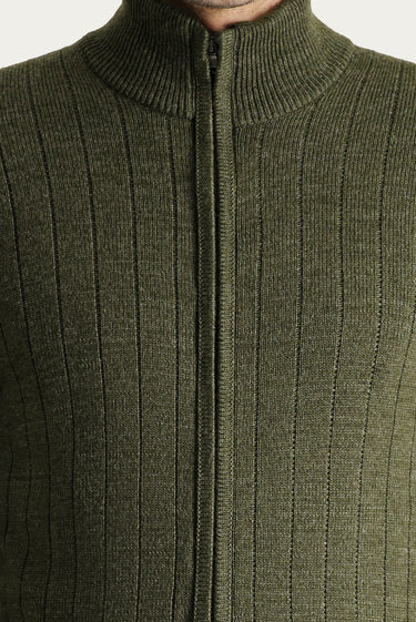 Orta Haki Fermuarlı Triko Hırka