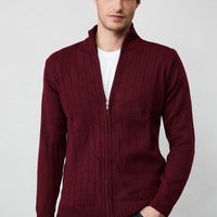 Dark Burgundy Stand-Up Collar Zip-Up Regular Fit Striped Knit Cardigan