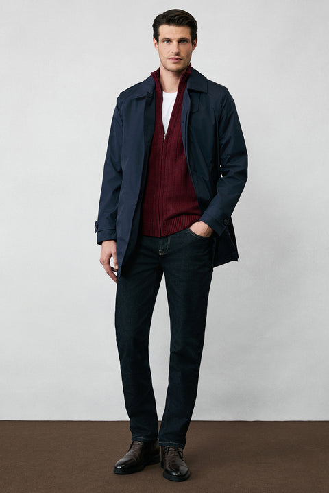 Dark Burgundy Stand-Up Collar Zip-Up Regular Fit Striped Knit Cardigan