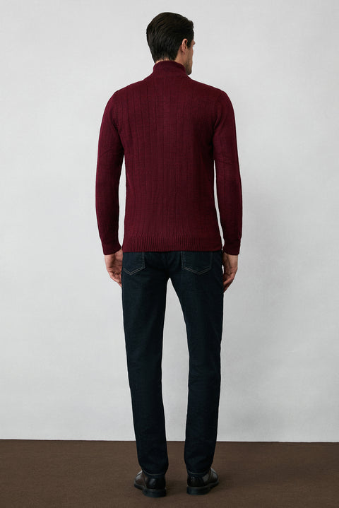 Dark Burgundy Stand-Up Collar Zip-Up Regular Fit Striped Knit Cardigan