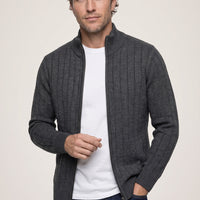 Dark Anthracite Stand-Up Collar Zip-Up Regular Fit Striped Knit Cardigan