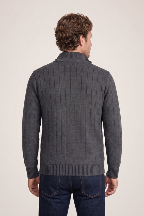 Dark Anthracite Stand-Up Collar Zip-Up Regular Fit Striped Knit Cardigan