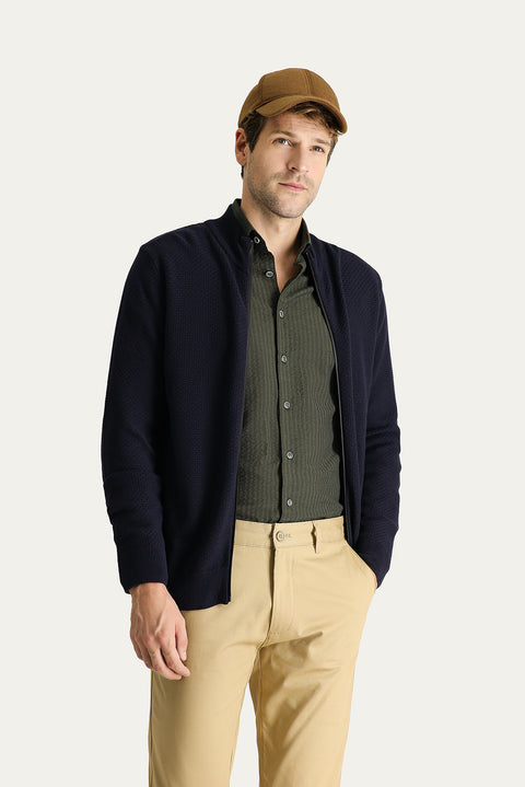 Dark Navy Slim Fit Tight Cut Patterned Cotton Knit Cardigan