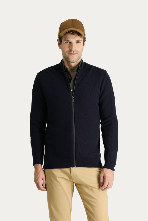 Dark Navy Slim Fit Tight Cut Patterned Cotton Knit Cardigan