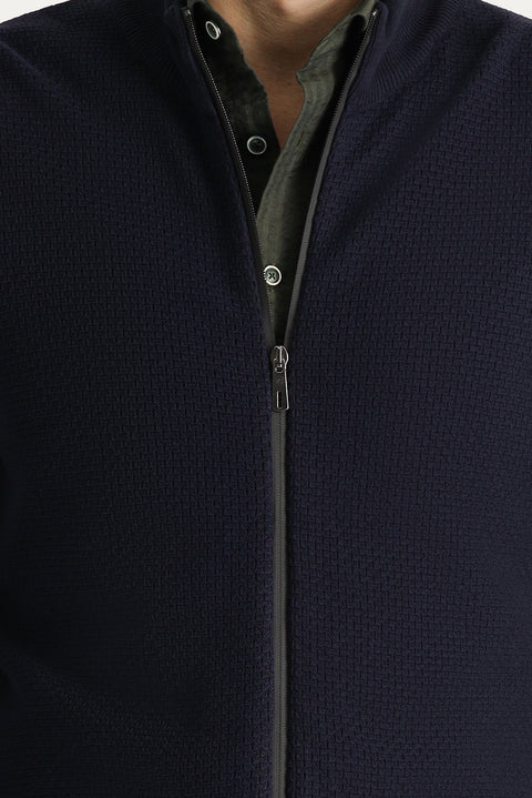 Dark Navy Slim Fit Tight Cut Patterned Cotton Knit Cardigan