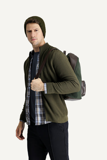 Orta Haki Fermuarlı Pamuklu Triko Hırka