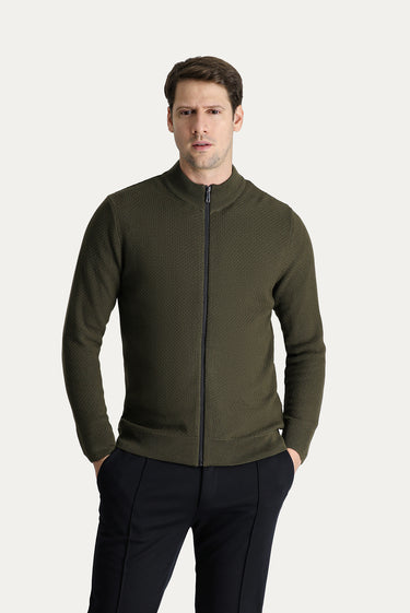 Orta Haki Fermuarlı Pamuklu Triko Hırka