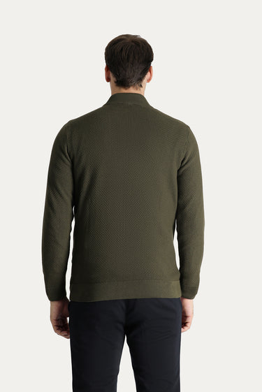 Orta Haki Fermuarlı Pamuklu Triko Hırka