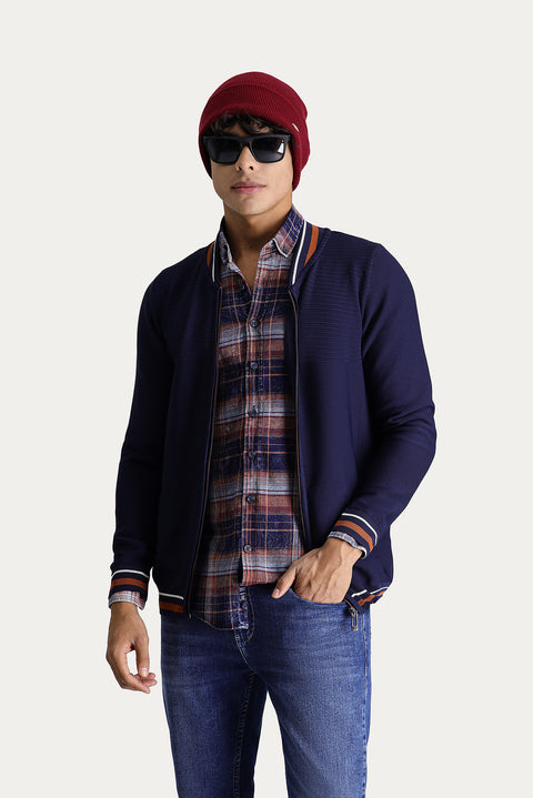 Dark Navy Slim Fit Narrow Cut Zip-Up Knit Cardigan