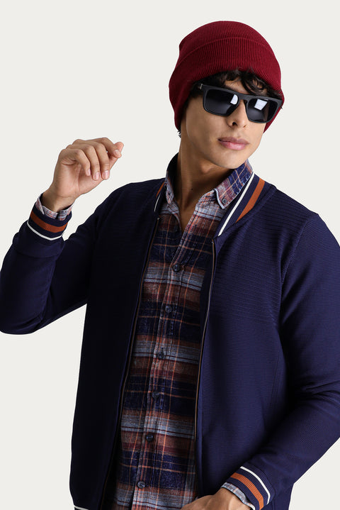 Dark Navy Slim Fit Narrow Cut Zip-Up Knit Cardigan