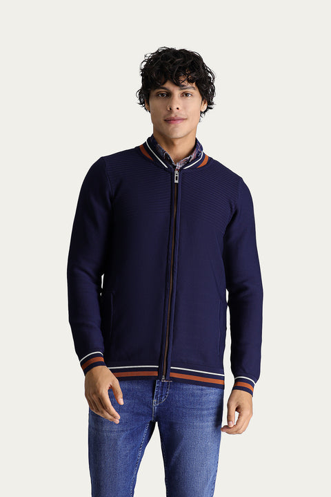 Dark Navy Slim Fit Narrow Cut Zip-Up Knit Cardigan