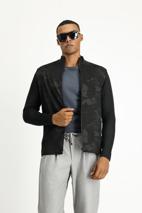 Dark Anthracite Melange Zip-Up Cotton Knit Cardigan
