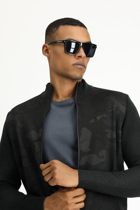Dark Anthracite Melange Zip-Up Cotton Knit Cardigan