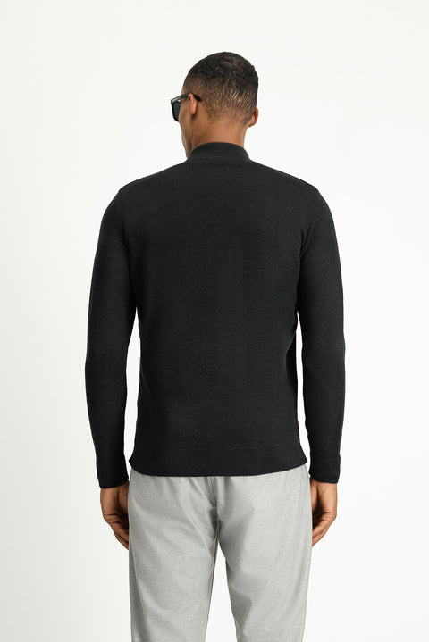 Dark Anthracite Melange Zip-Up Cotton Knit Cardigan