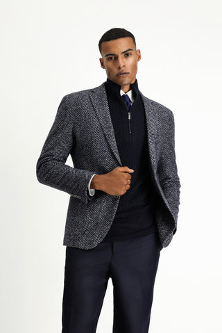Koyu Lacivert 7 Drop Slim Fit Dar Kesim Yünlü Balıksırtı Spor İtalyan Ceket