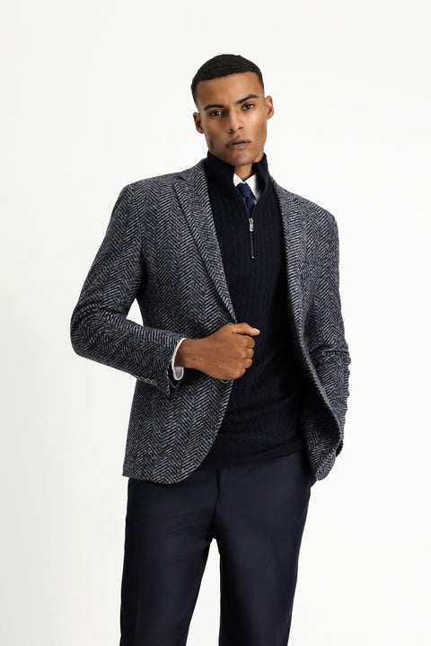 Koyu Lacivert 7 Drop Slim Fit Dar Kesim Yünlü Balıksırtı Spor İtalyan Ceket