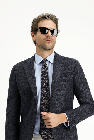 Koyu Lacivert 7 Drop Slim Fit Dar Kesim Yünlü Çizgili Spor İtalyan Ceket