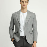 Orta Gri Melanj 7 Drop Slim Fit Dar Kesim Yünlü Çizgili Klasik Ceket