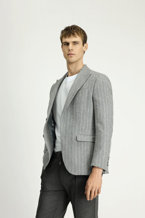 Orta Gri Melanj 7 Drop Slim Fit Dar Kesim Yünlü Çizgili Klasik Ceket