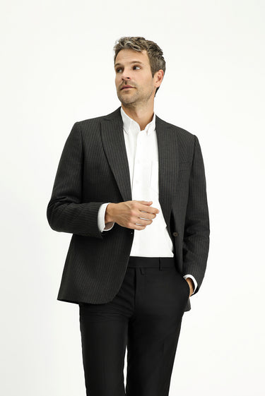 Koyu Antrasit Regular Fit Çizgili Kruvaze Ceket