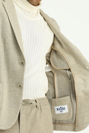 Açık Bej Relaxed Fit Rahat Kesim Yünlü Çizgili Spor Örme Ceket