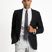 Siyah Slim Fit Dar Kesim Desenli Yünlü İtalyan Ceket