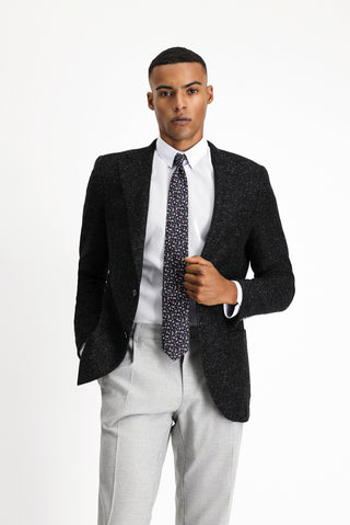 Siyah 7 Drop Slim Fit Dar Kesim Desenli Yünlü İtalyan Ceket