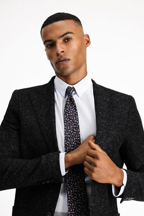 Black 7 Drop Slim Fit Patterned Italian Wool Jacket