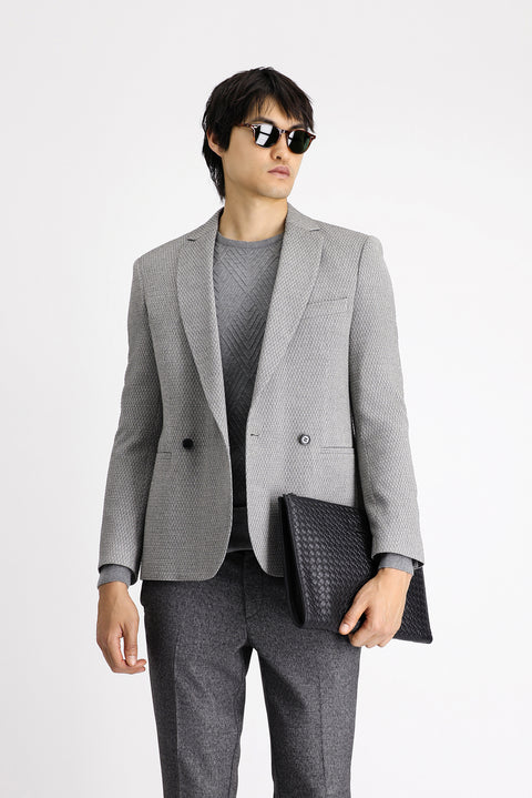 Orta Gri 7 Drop Slim Fit Dar Kesim Desenli Kruvaze Ceket
