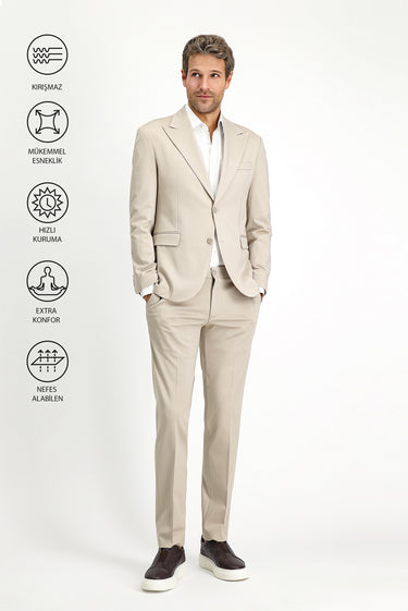 Açık Bej Techno-Line Slim Fit Dar Kesim Likralı Spor Örme Ceket